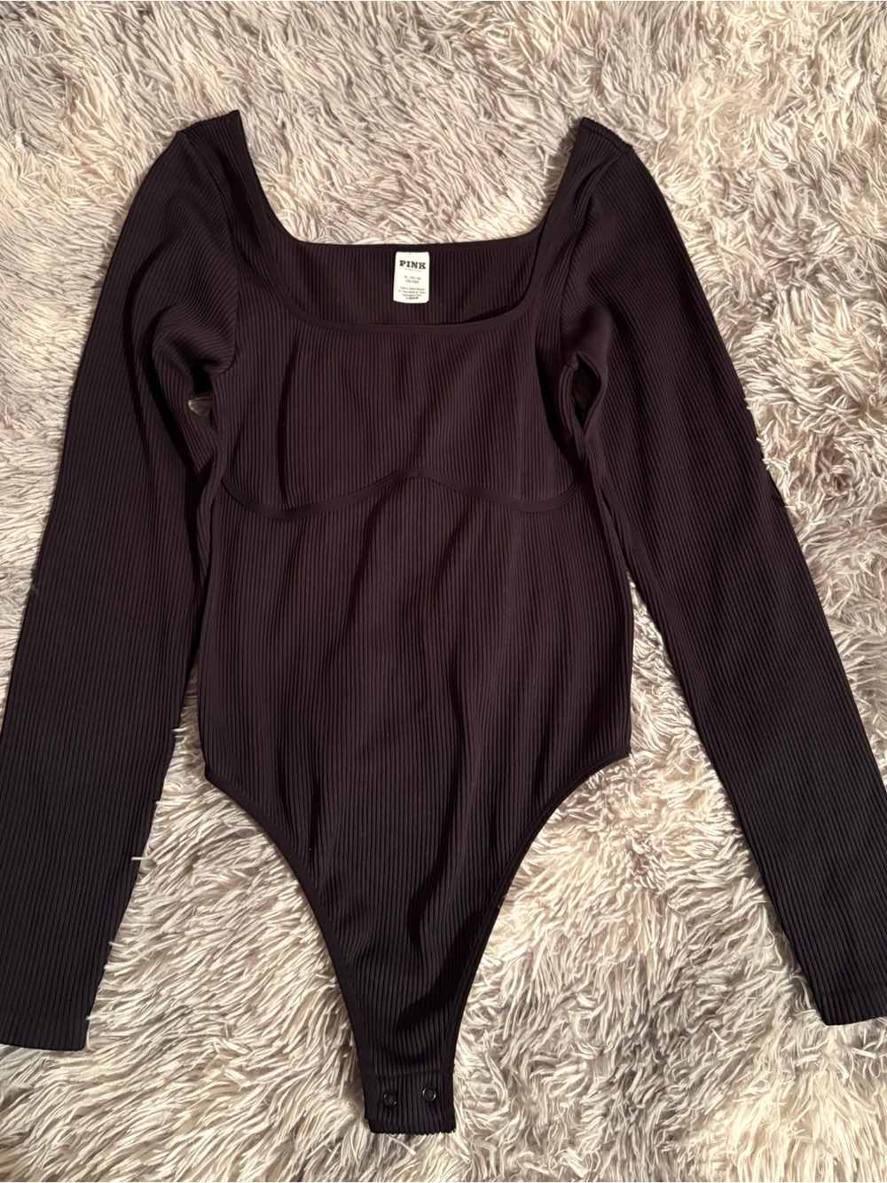 PINK by Victoria's Secret Black Ribbed Long-Sleeve Square-Neck Bodysuit